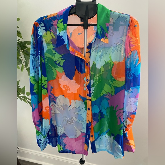 Bright Colored Floral Sheer Lightweight Long Sleeve Top - Picture 2 of 4